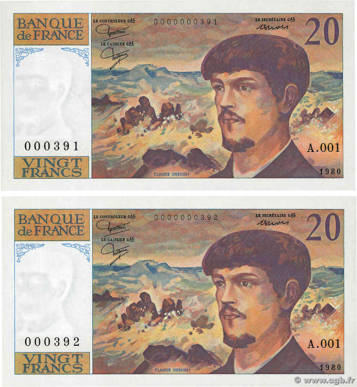 20 Francs DEBUSSY Petit numéro FRANKREICH  1989 F.66.01A1 fST+