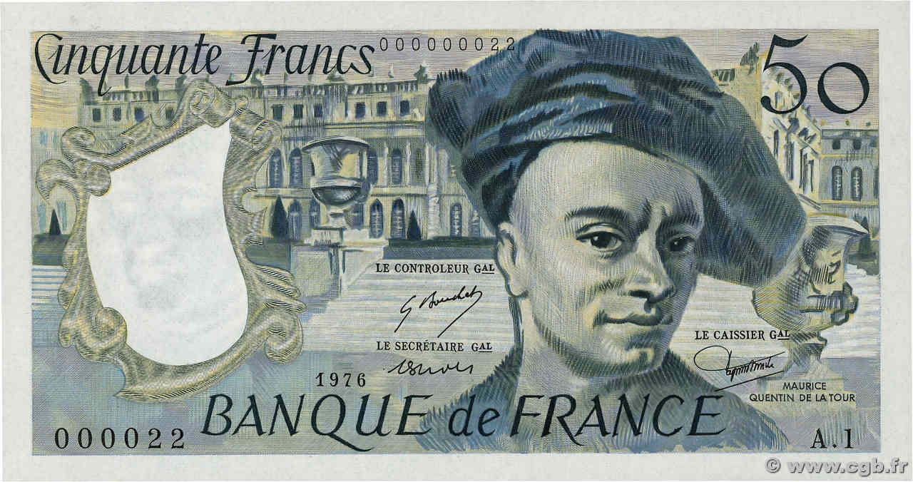 50 Francs QUENTIN DE LA TOUR Petit numéro FRANCIA  1976 F.67.01A1 FDC