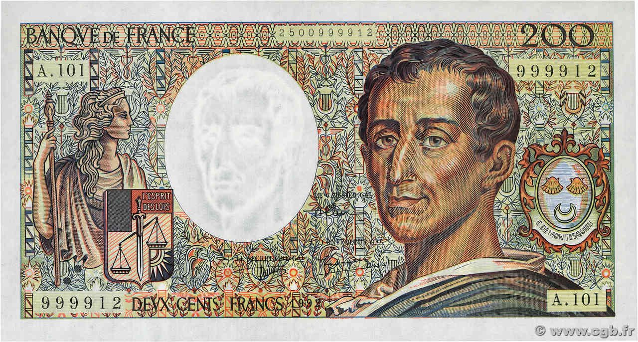 200 Francs MONTESQUIEU alphabet 101 FRANKREICH  1992 F.70bis.01 ST