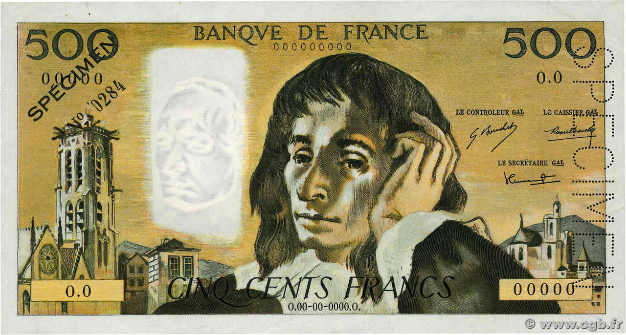 500 Francs PASCAL Spécimen FRANKREICH  1968 F.71.01Spn fVZ