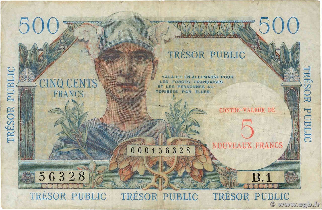 5NF sur 500 Francs TRÉSOR PUBLIC FRANCIA  1960 VF.37.01 MB