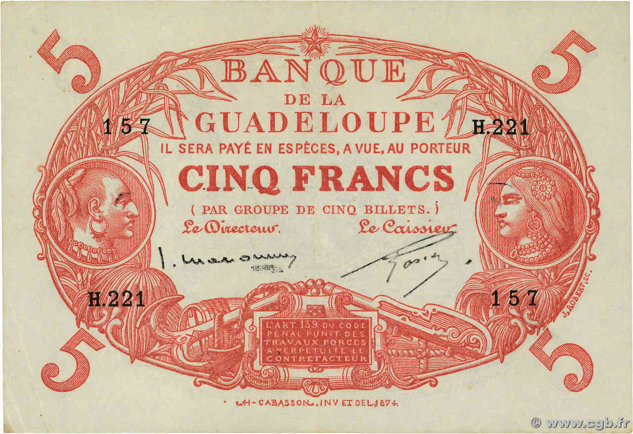5 Francs Cabasson rouge GUADELOUPE  1943 P.07c VZ