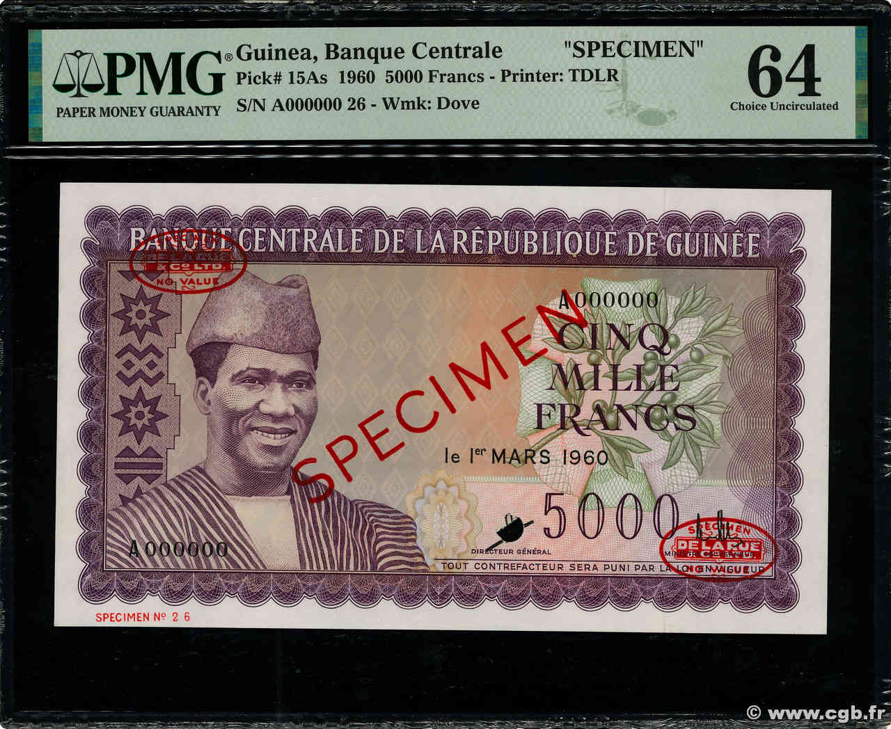 5000 Francs Spécimen GUINÉE  1960 P.15As pr.NEUF