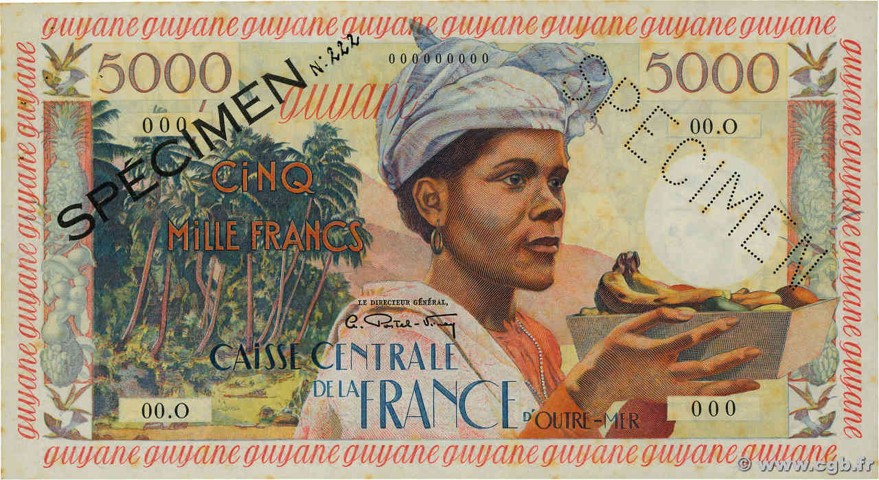 5000 Francs antillaise Spécimen FRENCH GUIANA  1956 P.28s VZ+