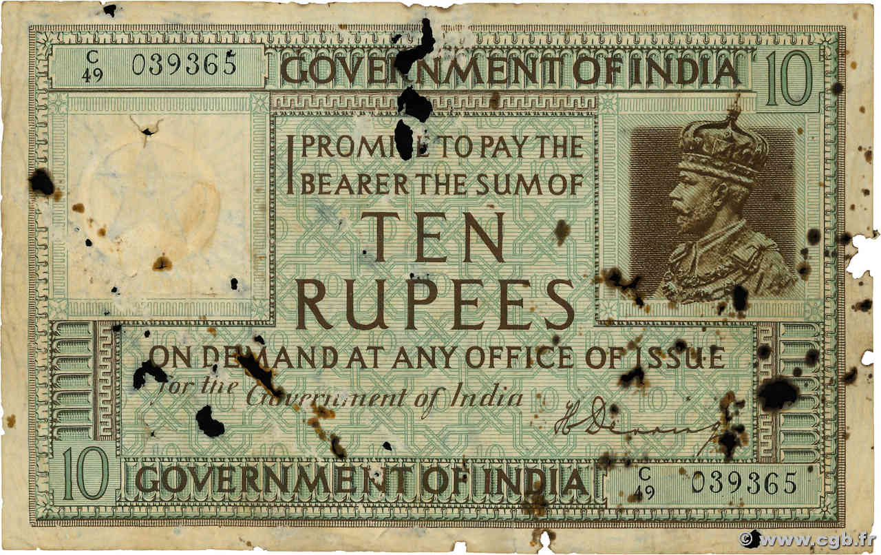 10 Rupees INDIA  1917 P.005b VG