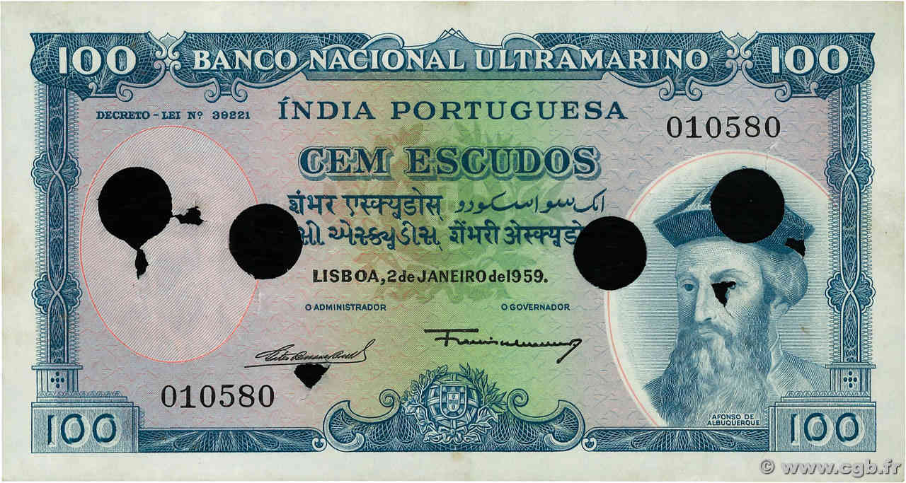 100 Escudos Annulé INDIA PORTUGUESA  1959 P.43 MBC+