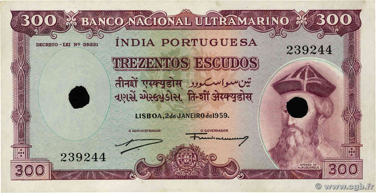 300 Escudos Annulé INDIA PORTUGUESA  1959 P.44 MBC