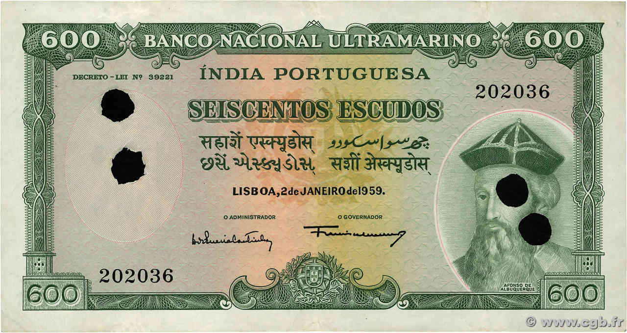 600 Escudos Annulé INDE PORTUGAISE  1959 P.45 pr.TTB