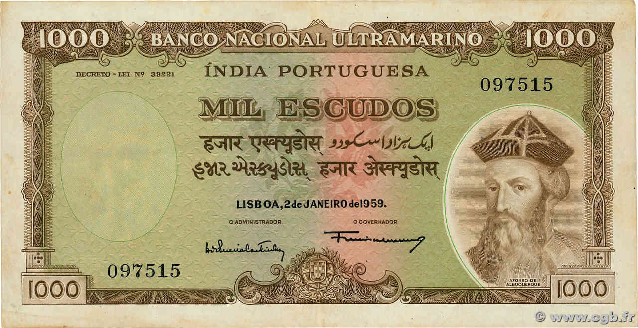 1000 Escudos INDE PORTUGAISE  1959 P.46 TTB+