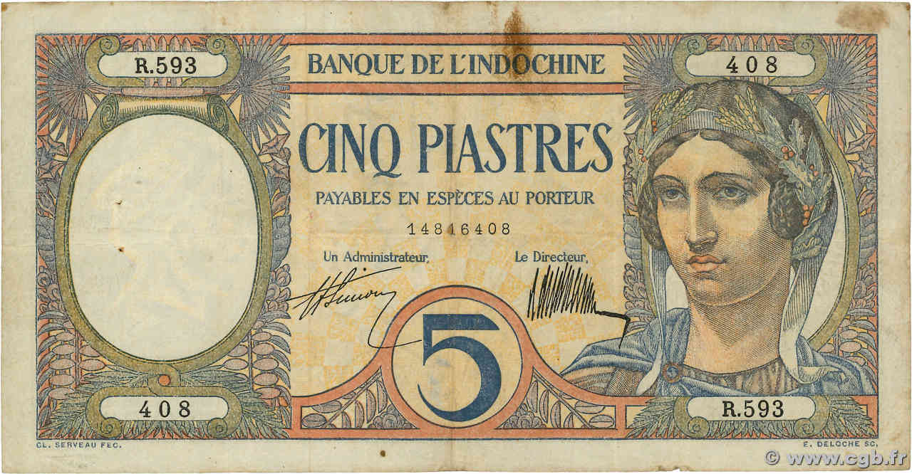 5 Piastres INDOCHINA  1927 P.049b BC+