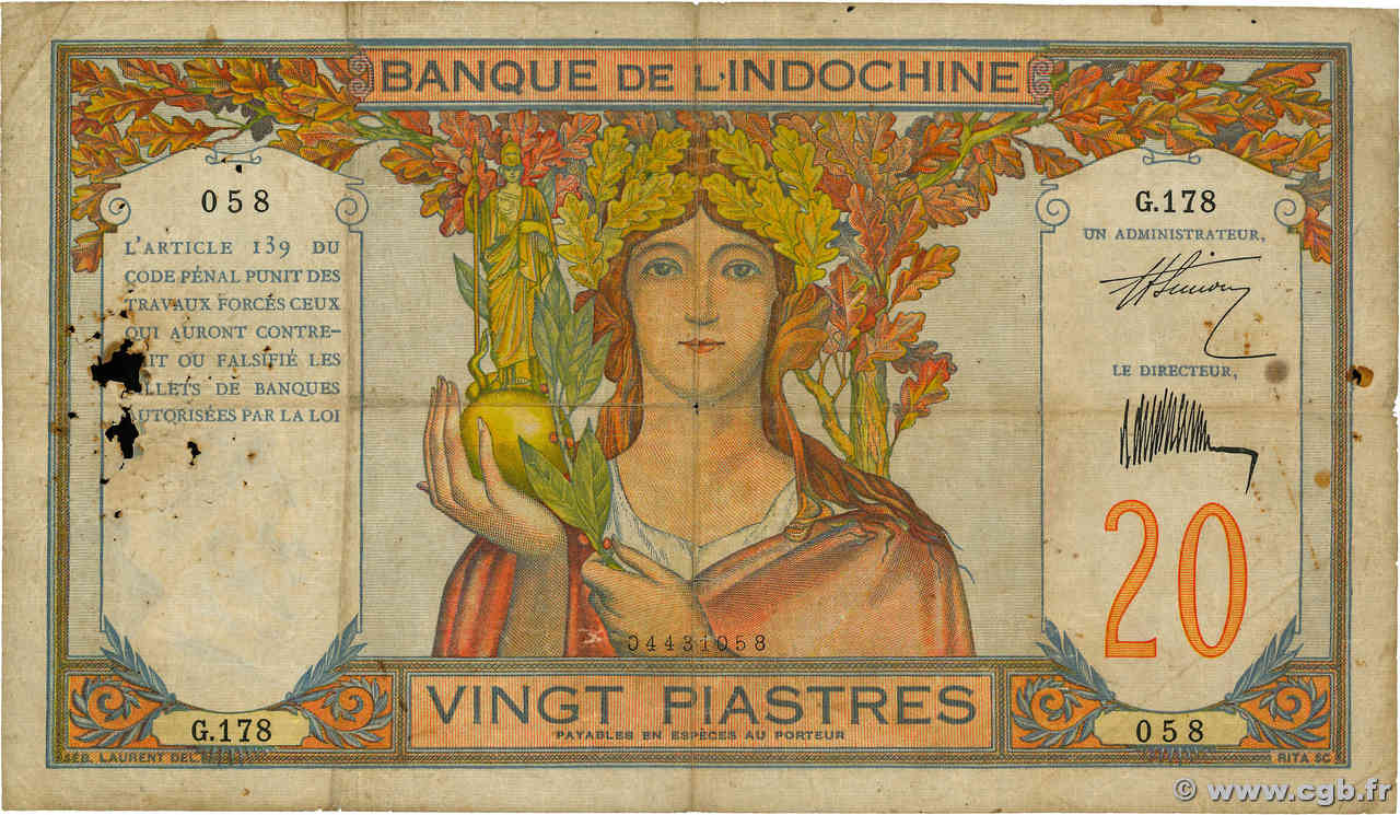 20 Piastres INDOCHINE FRANÇAISE  1931 P.050 pr.TB