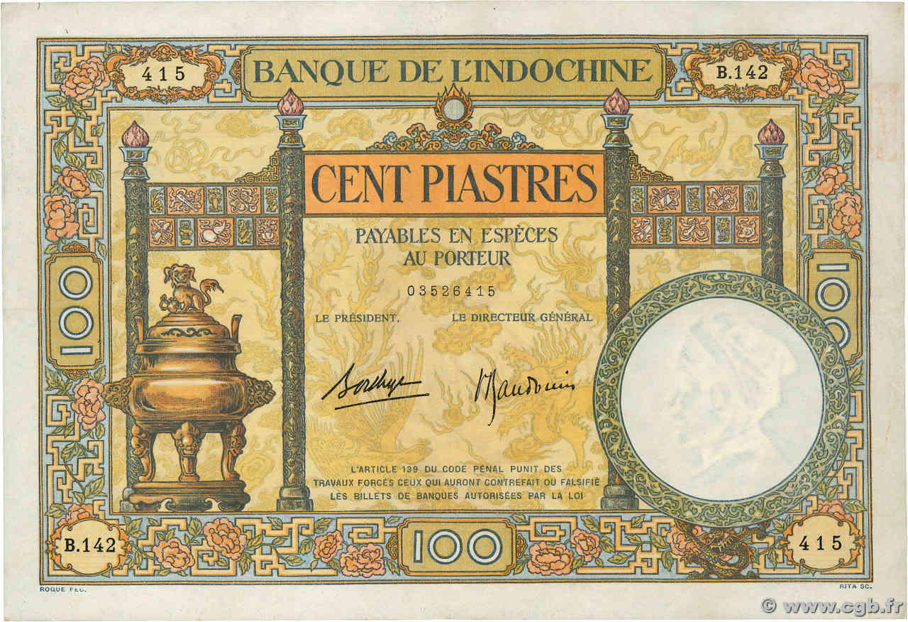 100 Piastres FRENCH INDOCHINA  1939 P.051d VF