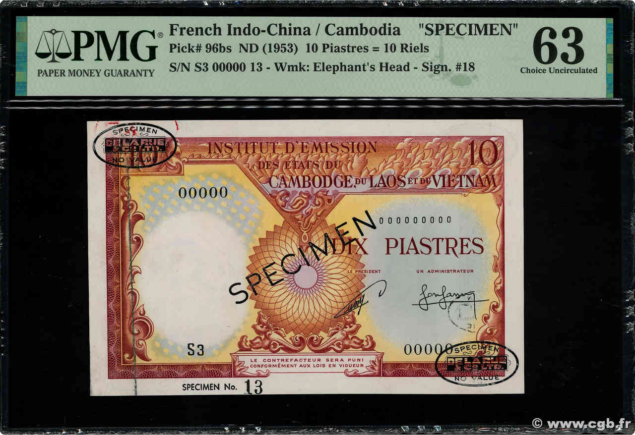 10 Piastres - 10 Riels Spécimen INDOCHINA  1953 P.096bs SC+