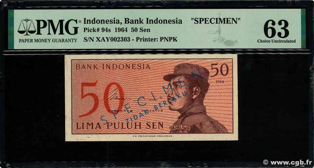 50 Sen Spécimen INDONESIA  1964 P.094a UNC-