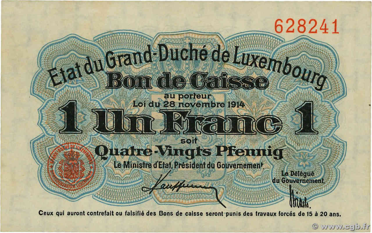 1 Franc / 80 Pfennigs LUXEMBOURG  1914 P.21 AU