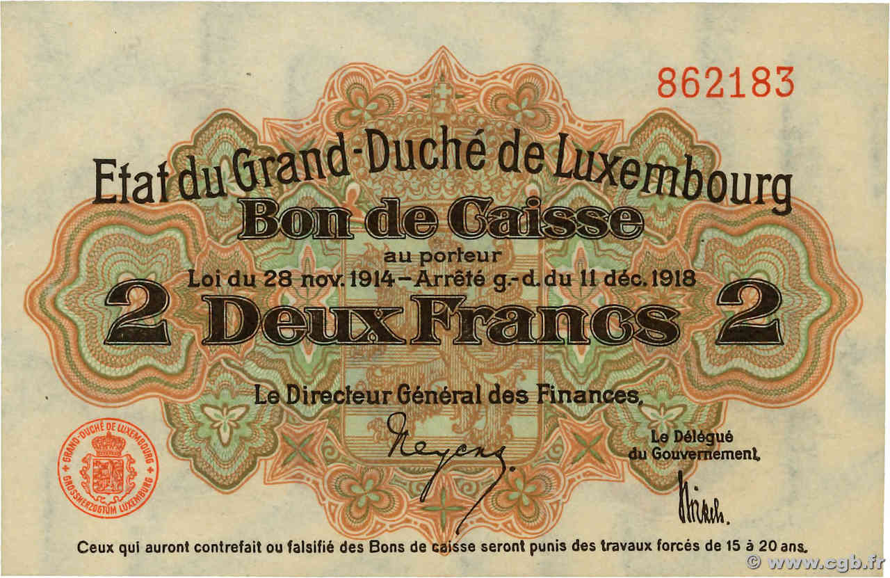 2 Francs LUXEMBOURG  1919 P.28 AU
