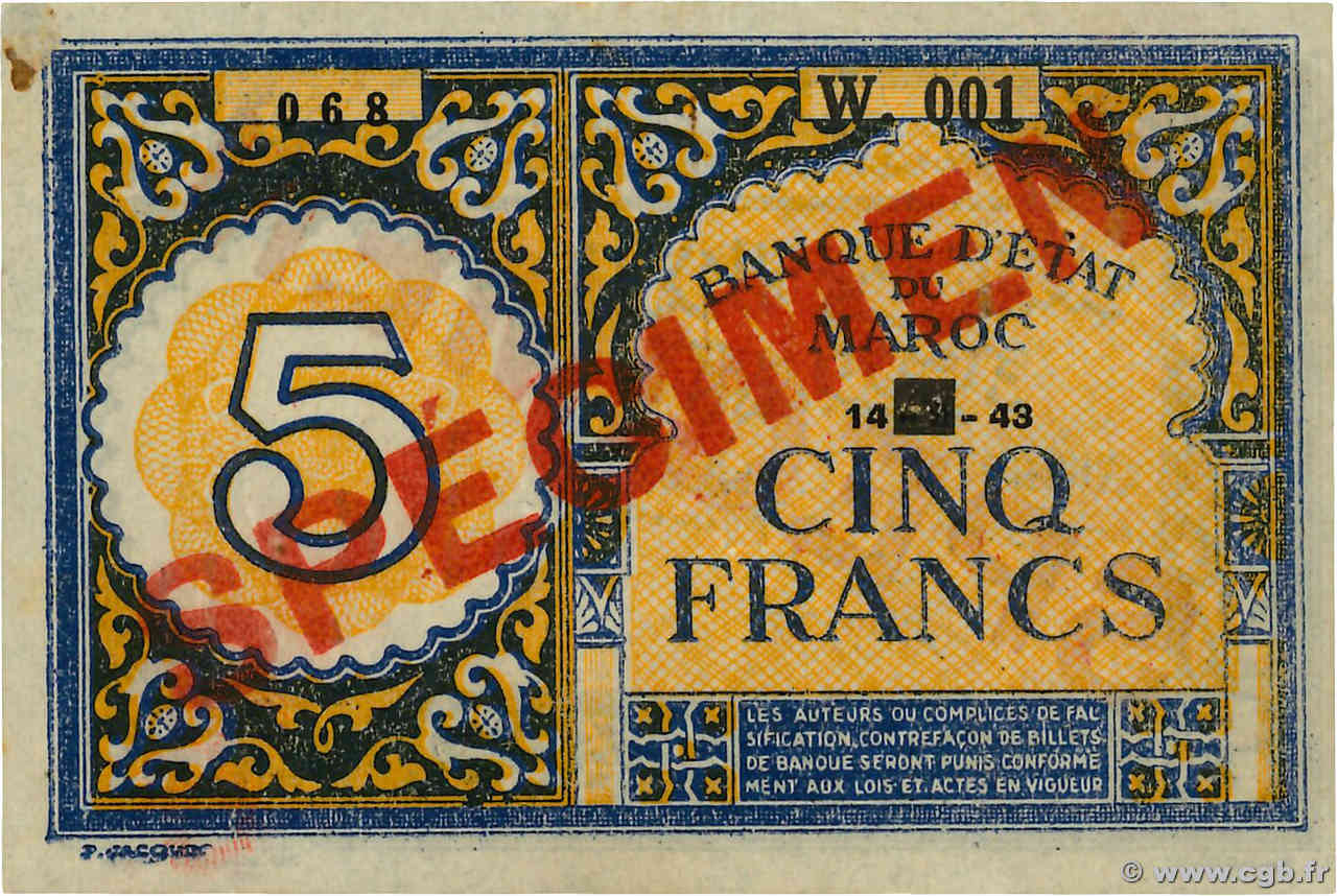 5 Francs Spécimen MAROC  1943 P.33s SUP