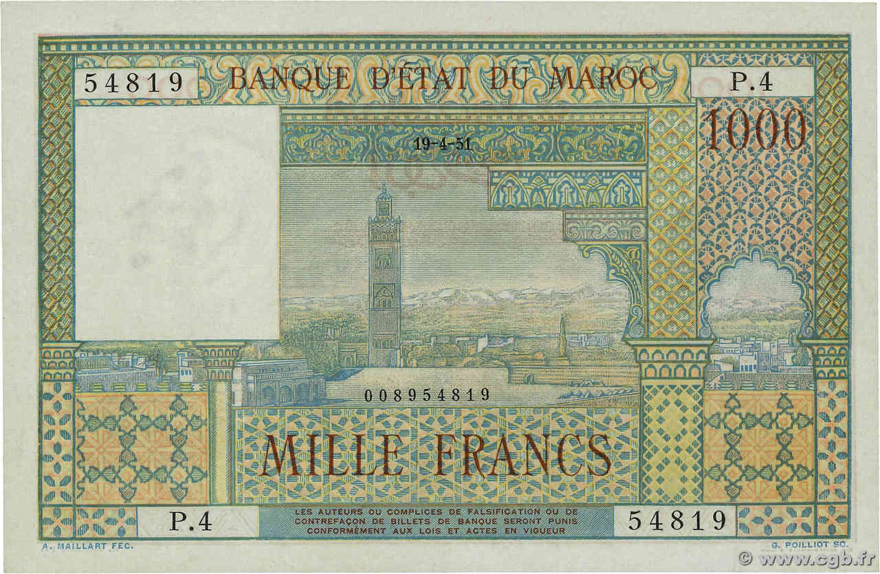 1000 Francs  MOROCCO  1951 P.47 AU