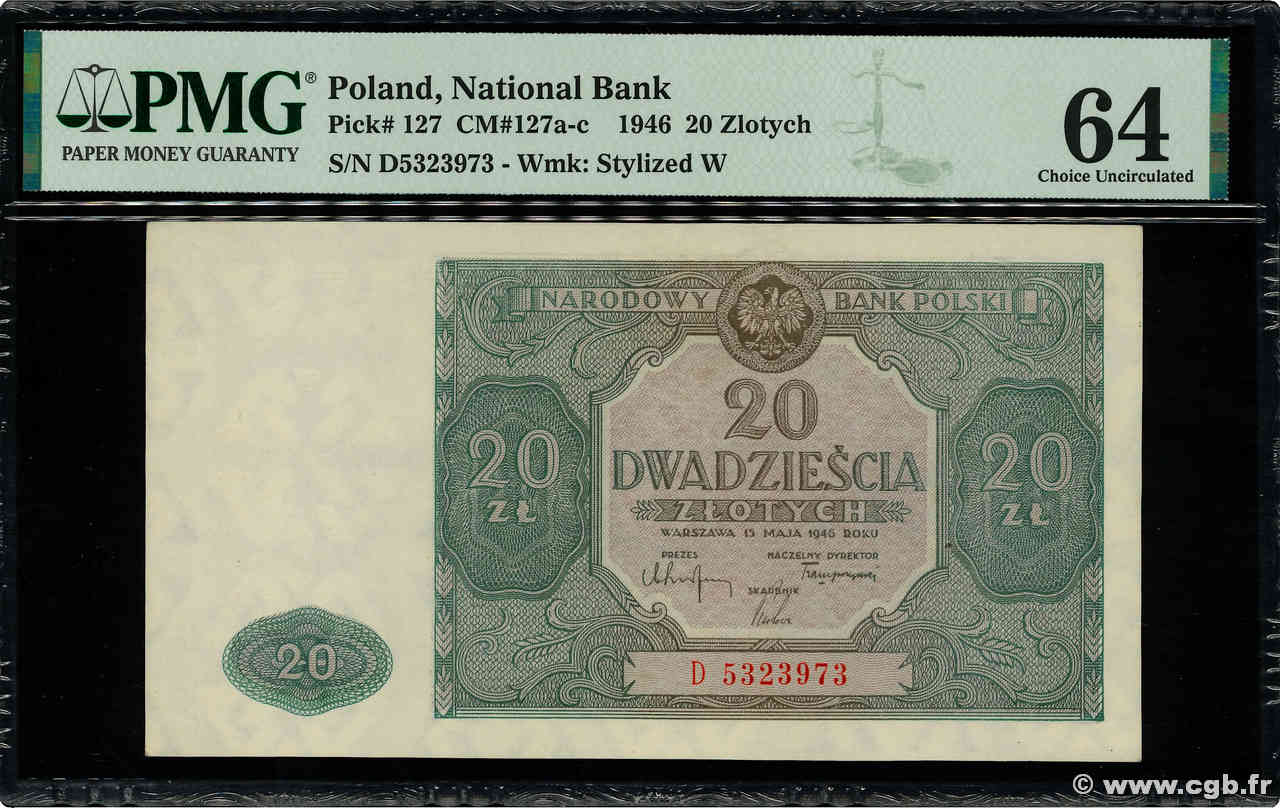 20 Zlotych POLEN  1946 P.127 fST+