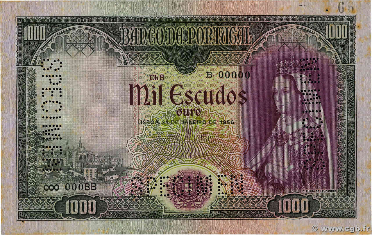 1000 Escudos Spécimen PORTUGAL  1956 P.161s SUP