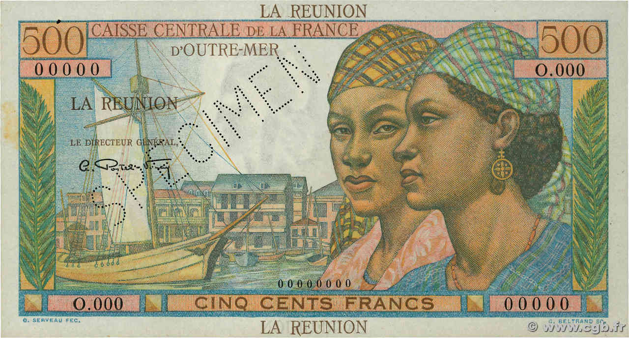 500 Francs Pointe à Pitre Spécimen REUNION INSEL  1946 P.46s fST