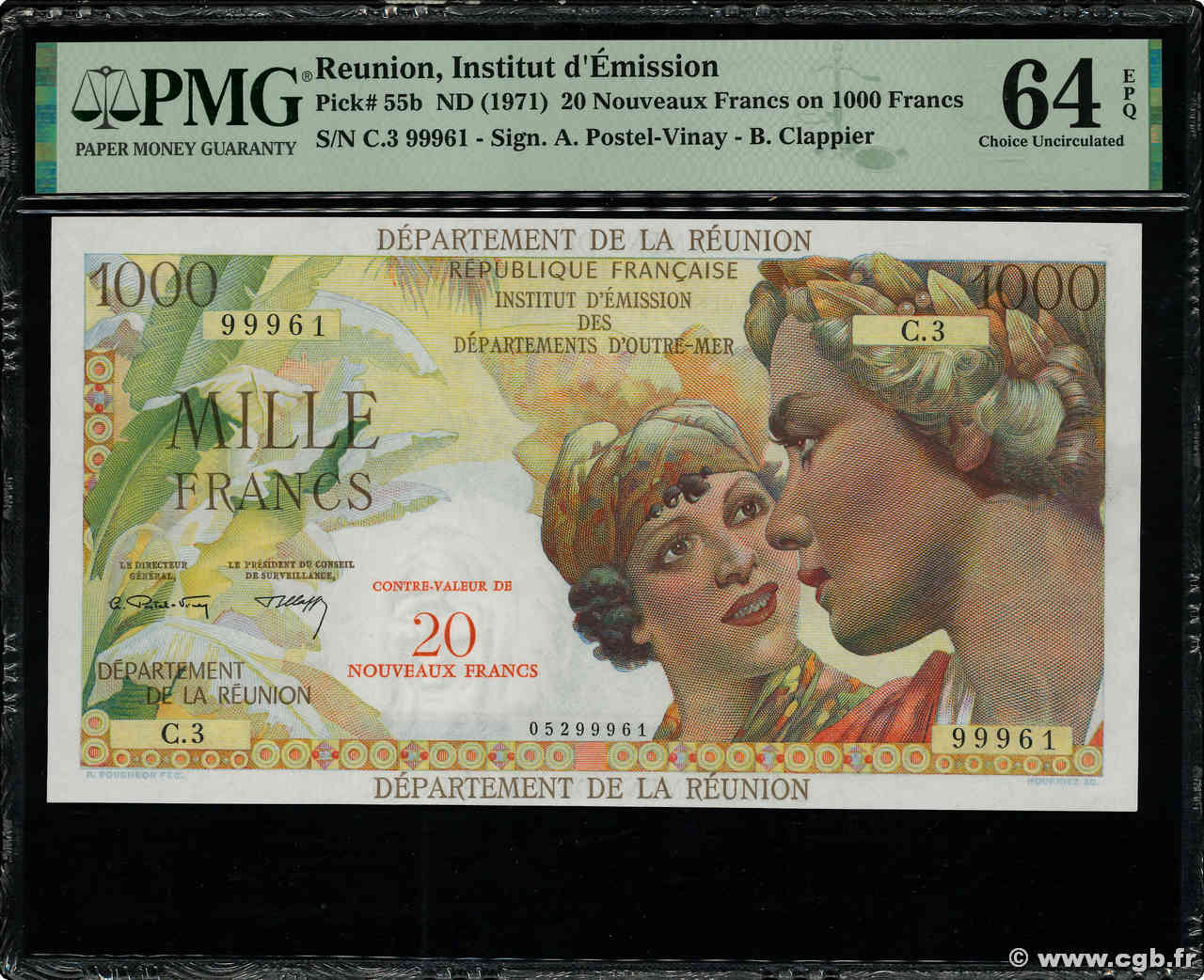 20 NF sur 1000 Francs REUNION  1967 P.55b UNC-