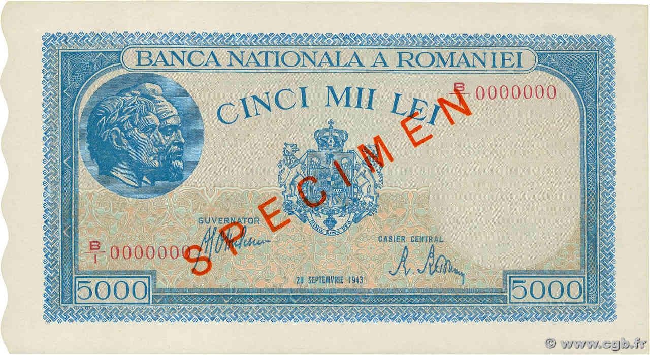 5000 Lei Spécimen RUMANIA  1943 P.055s SC+