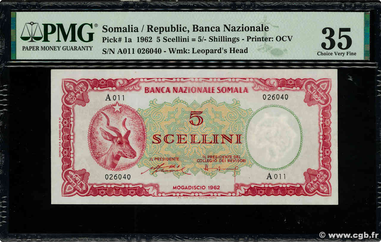 5 Scellini = 5 Somali Shillings SOMALIA  1962 P.01a fVZ