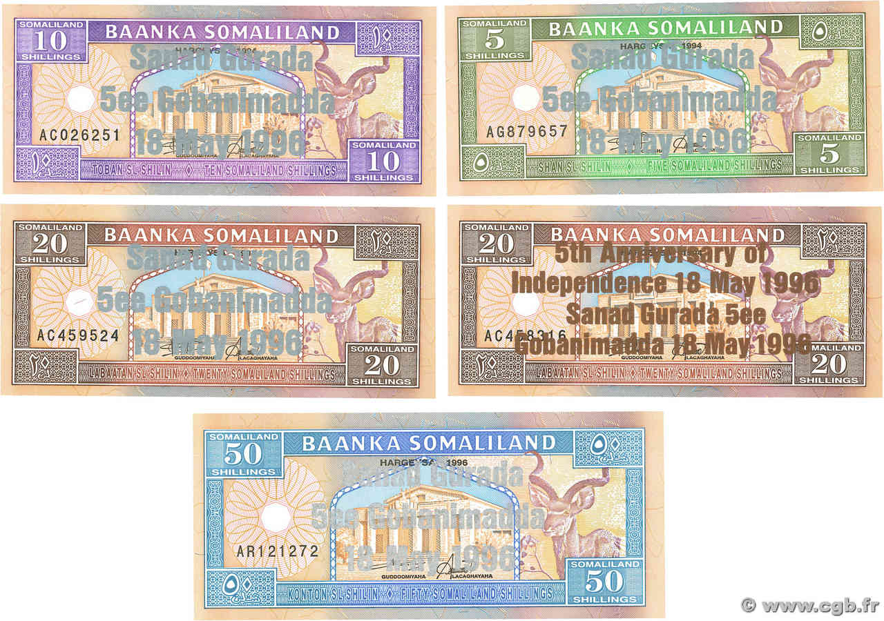 5 à 50 Shillings Lot SOMALILAND  1996 P.10, P.14 au P.17a FDC