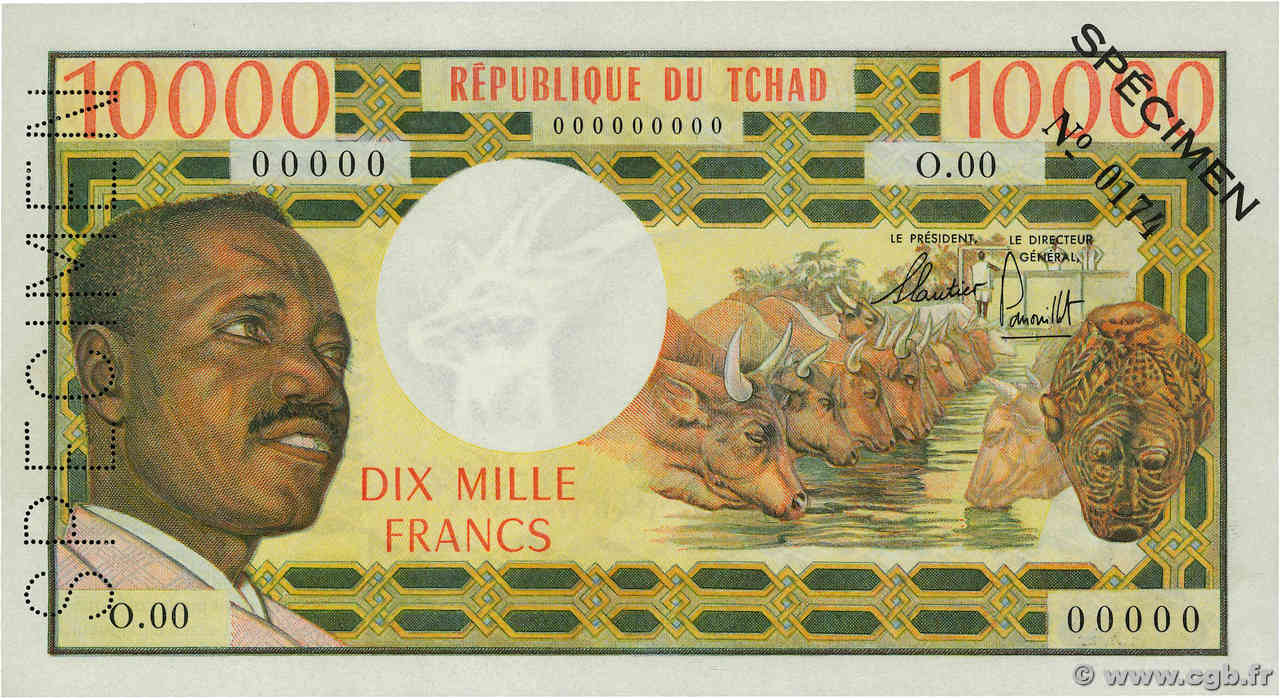 10000 Francs Spécimen CHAD  1971 P.01s UNC-