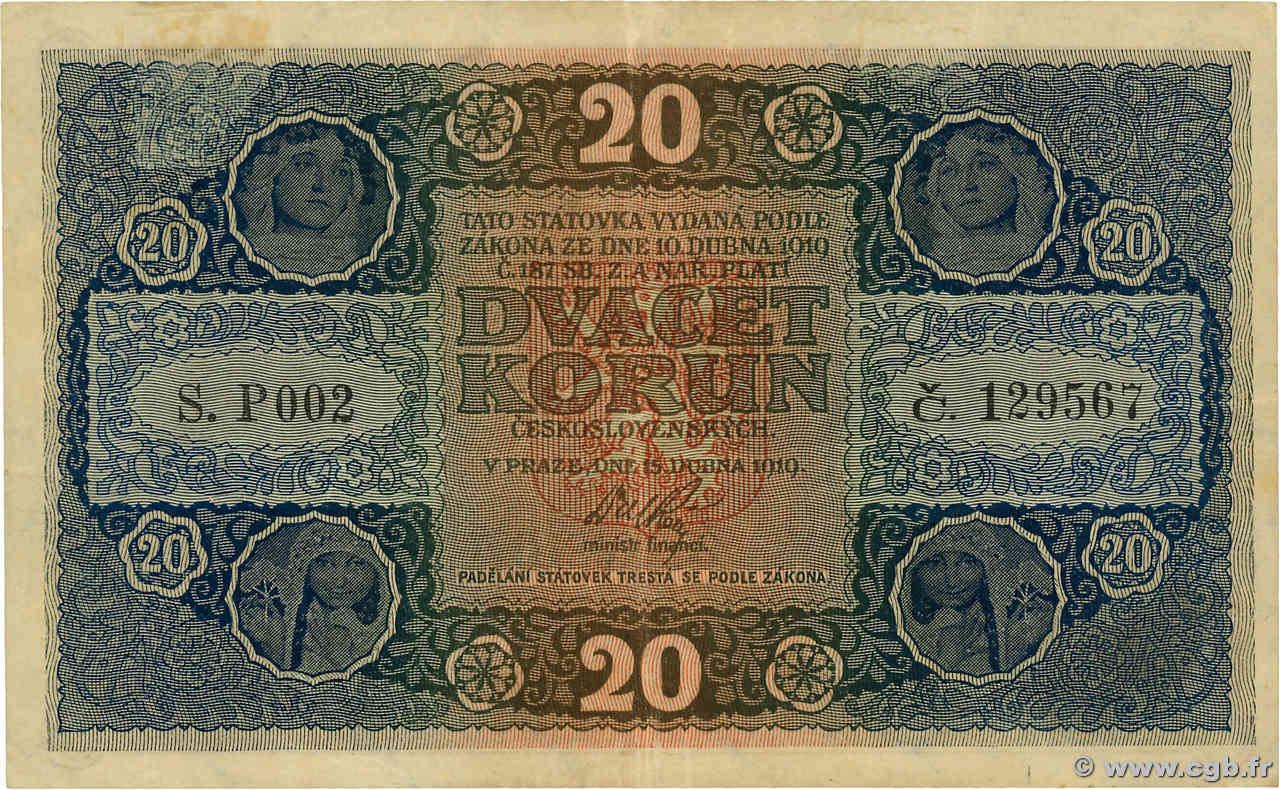 20 Korun CECOSLOVACCHIA  1919 P.009a BB