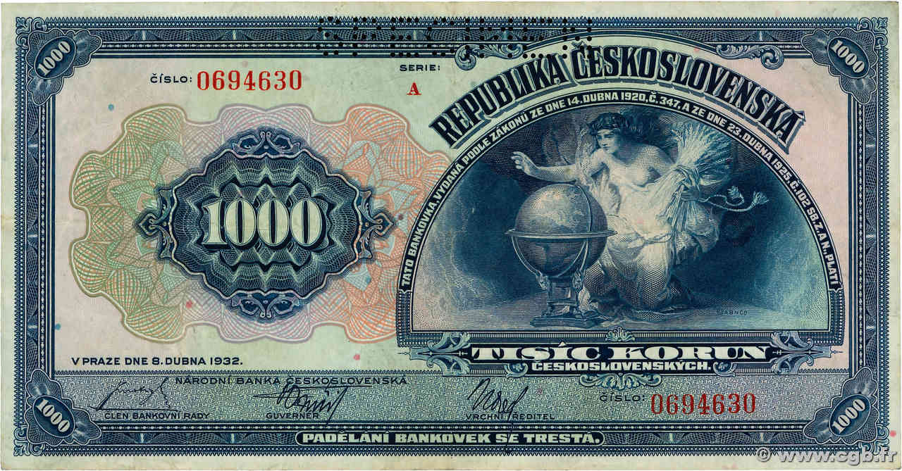 1000 Korun Spécimen TCHÉCOSLOVAQUIE  1932 P.025s pr.SUP