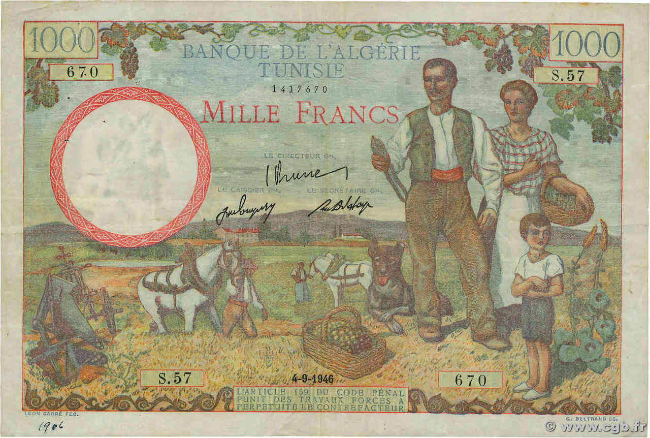 1000 Francs TUNISIE  1946 P.26 TB+