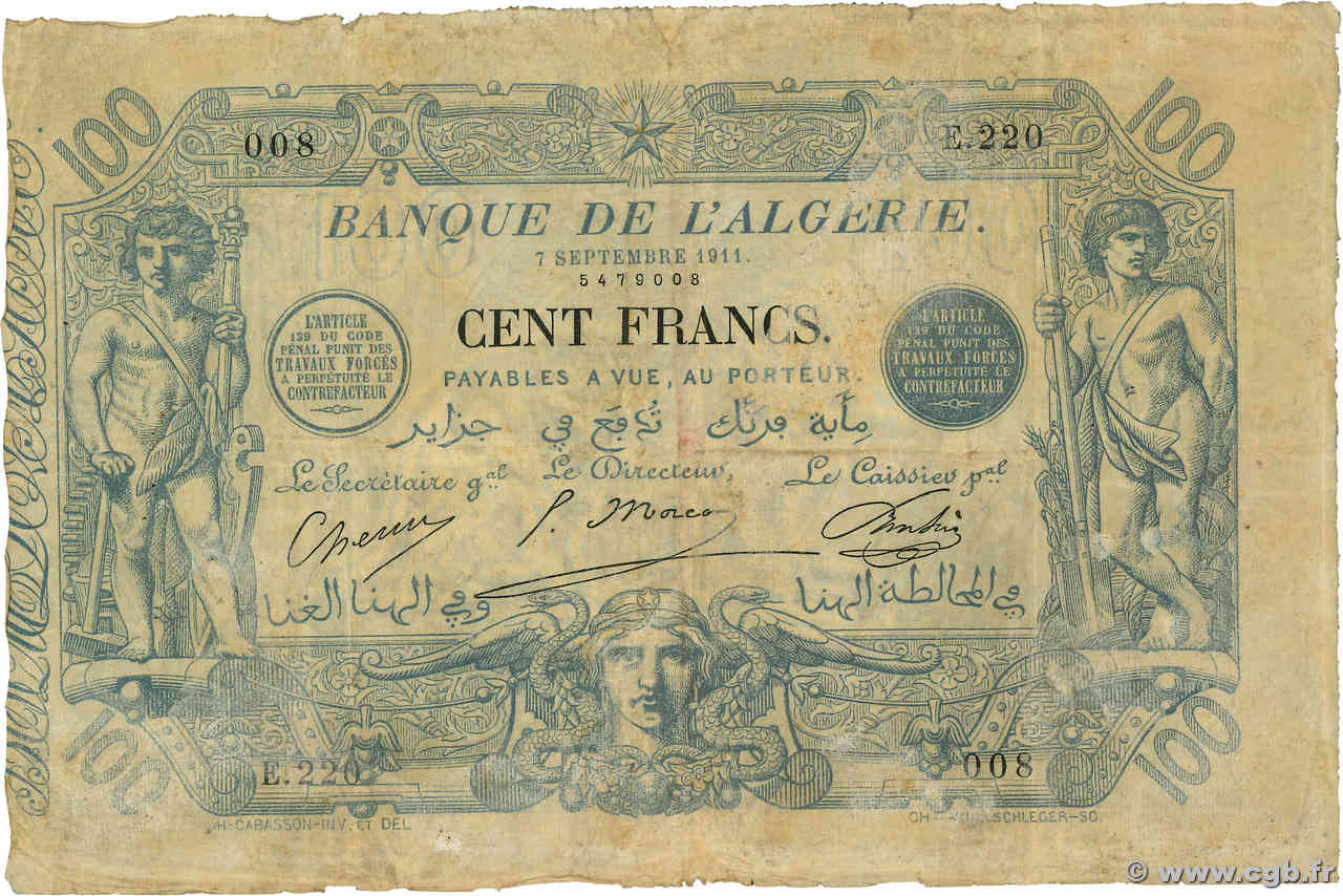 100 Francs ALGERIA  1911 P.074 F