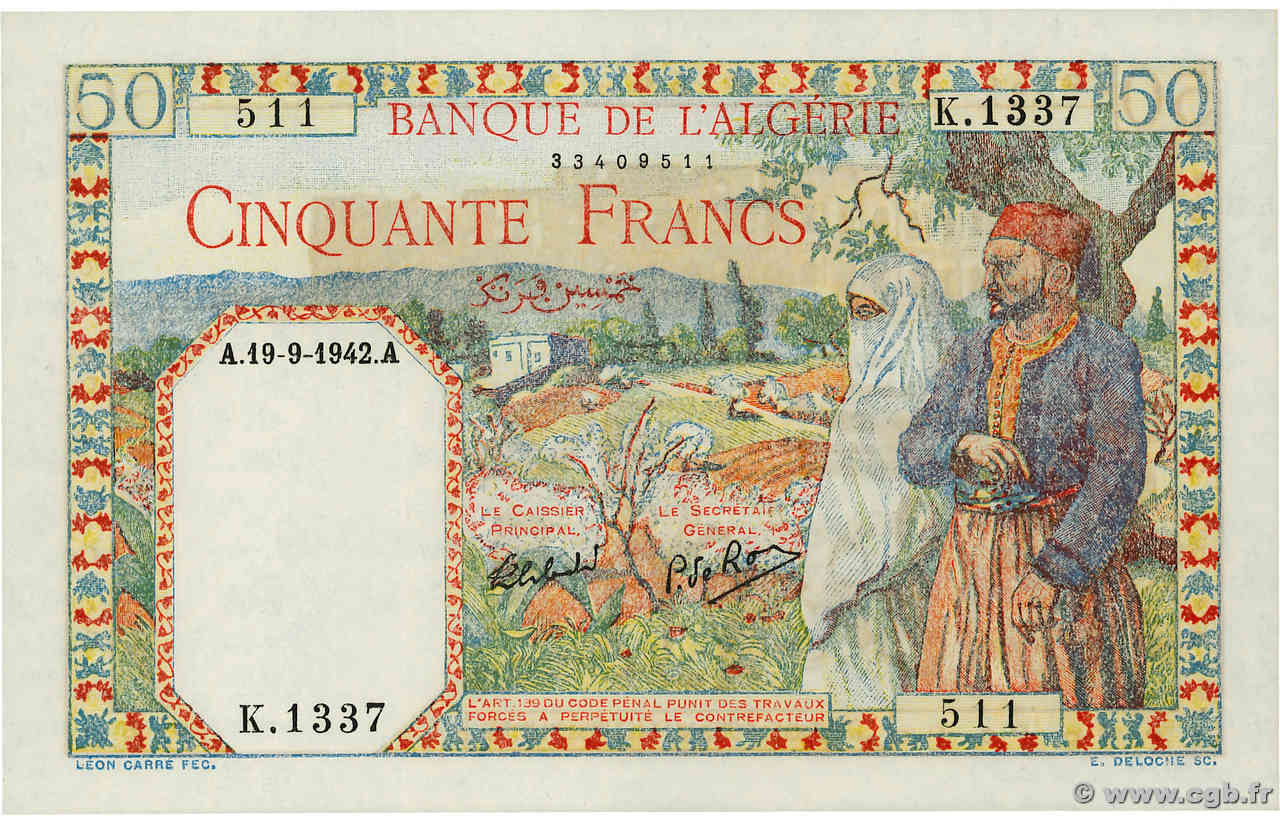 50 Francs ALGÉRIE  1942 P.087 pr.NEUF