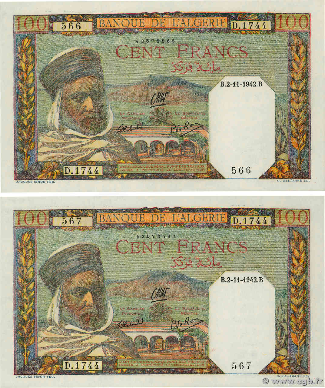 100 Francs Consécutifs ARGELIA  1942 P.088 SC+