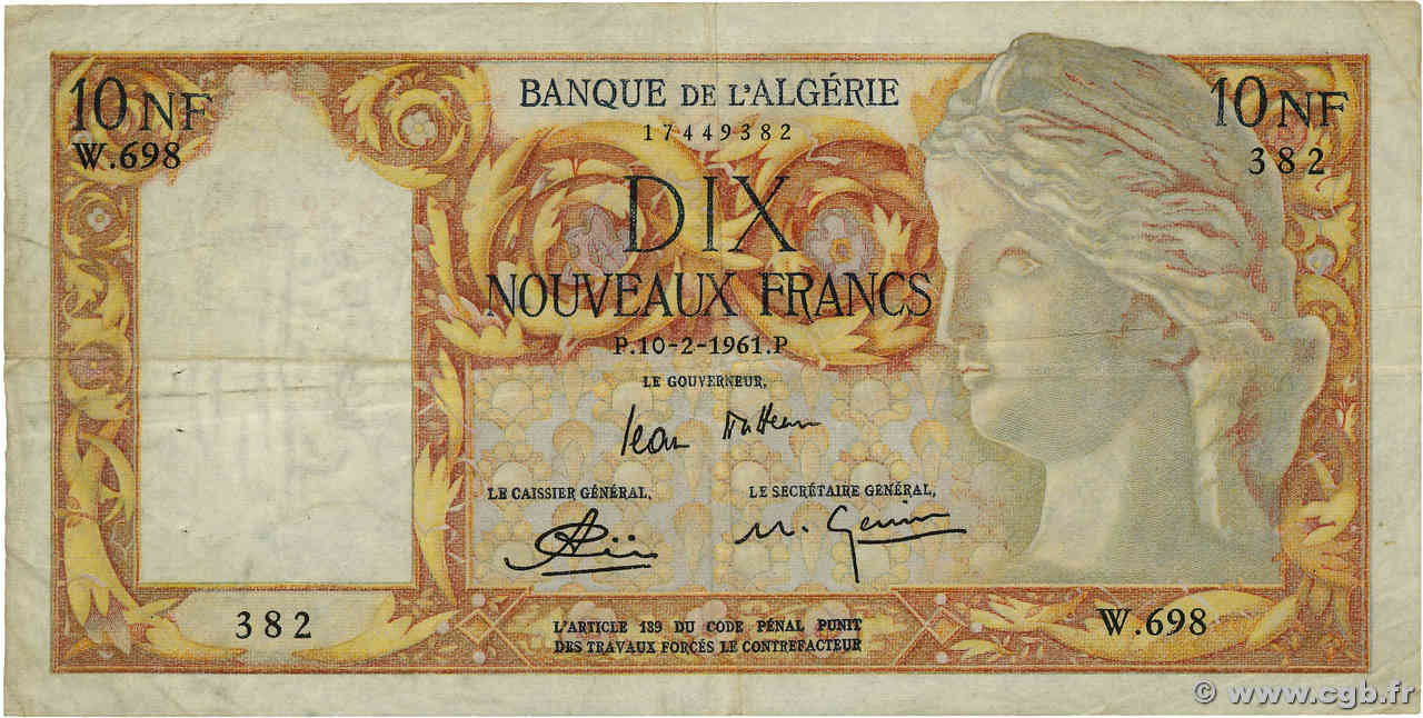 10 Nouveaux Francs ALGERIA  1961 P.119a VF-