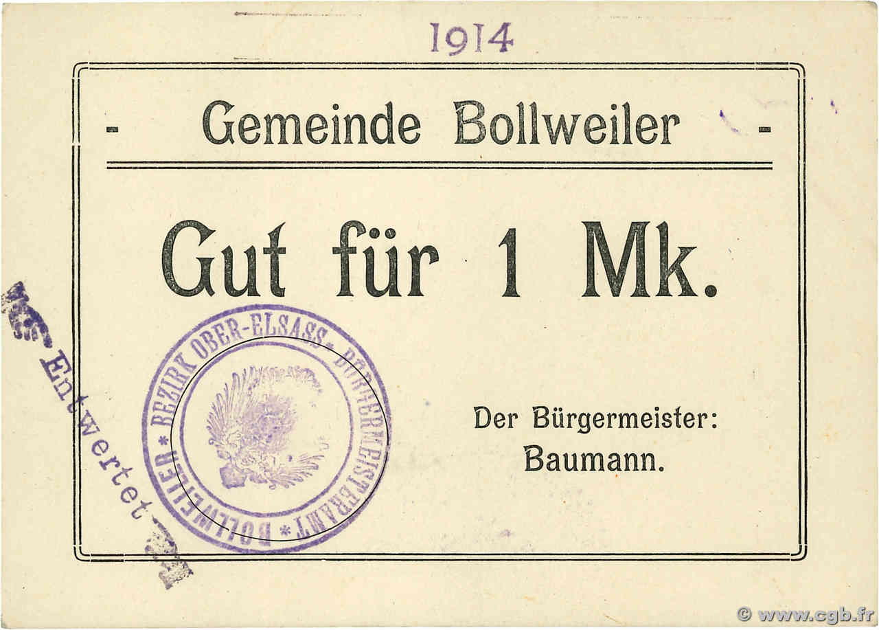 1 Mark GERMANY Bollweiler 1914  UNC-