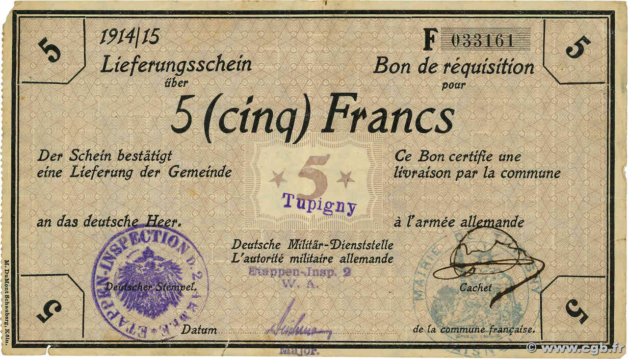 5 Francs ALLEMAGNE Tupigny 1915 P.M09 pr.TTB