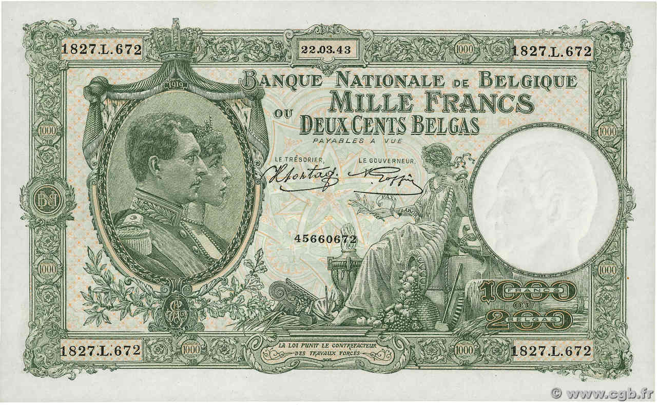 1000 Francs - 200 Belgas BELGIEN  1943 P.110 fST+