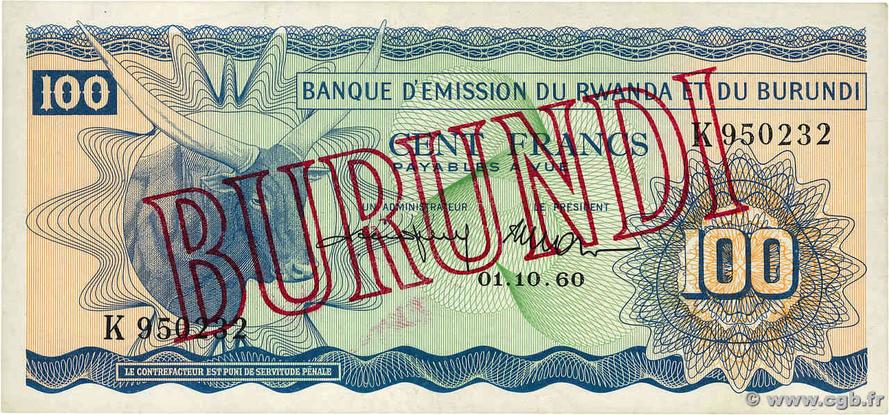 100 Francs BURUNDI  1960 P.05 SUP+