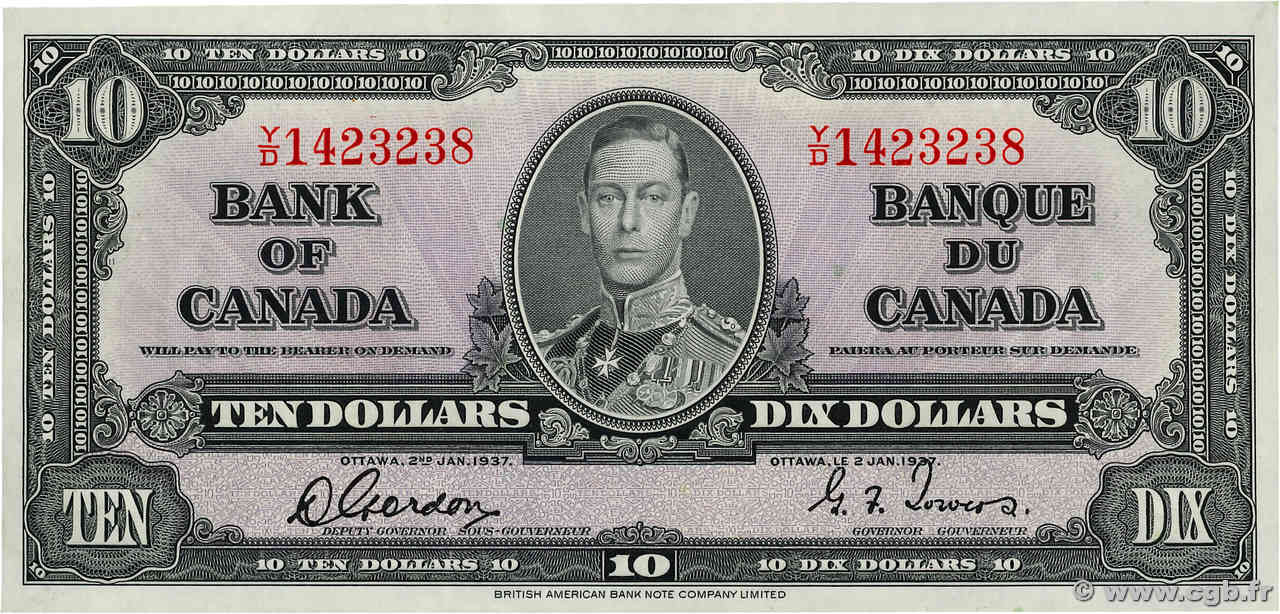 10 Dollars KANADA  1937 P.061b VZ