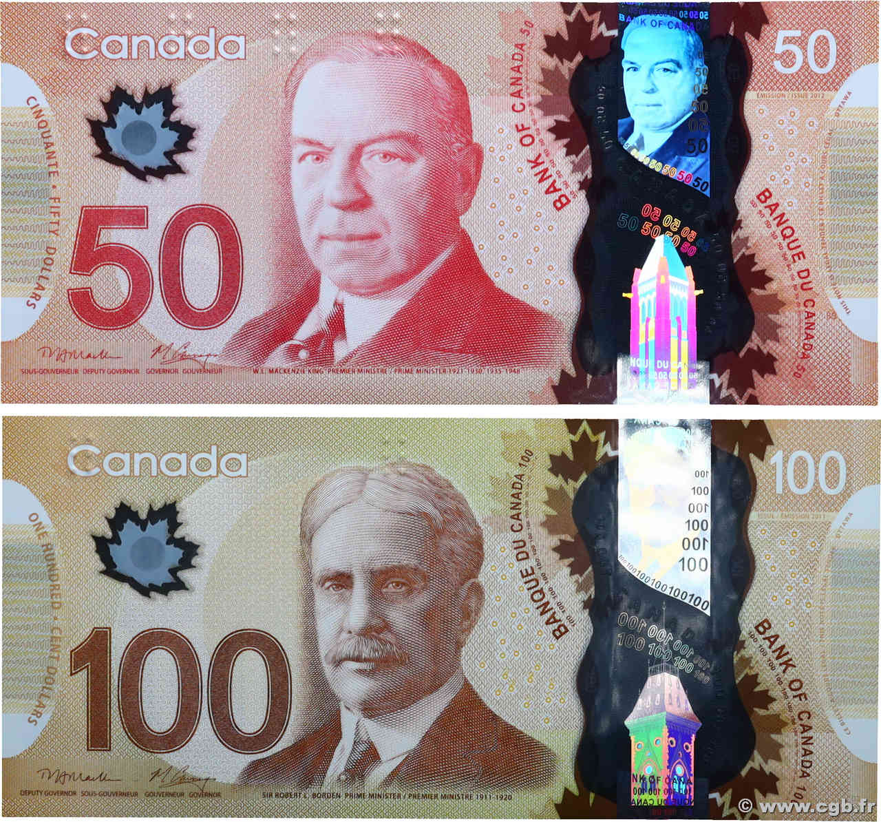 50 et 100 Dollars Lot CANADA  2011 P.109a et P.110a UNC