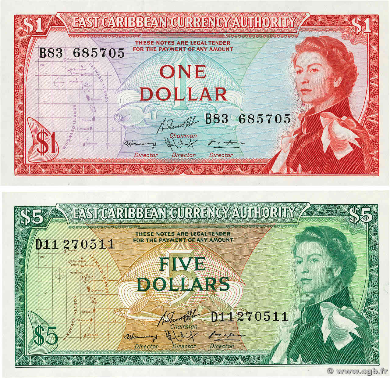 1 et 5 Dollars Lot EAST CARIBBEAN STATES  1965 P.13f et P.14h ST