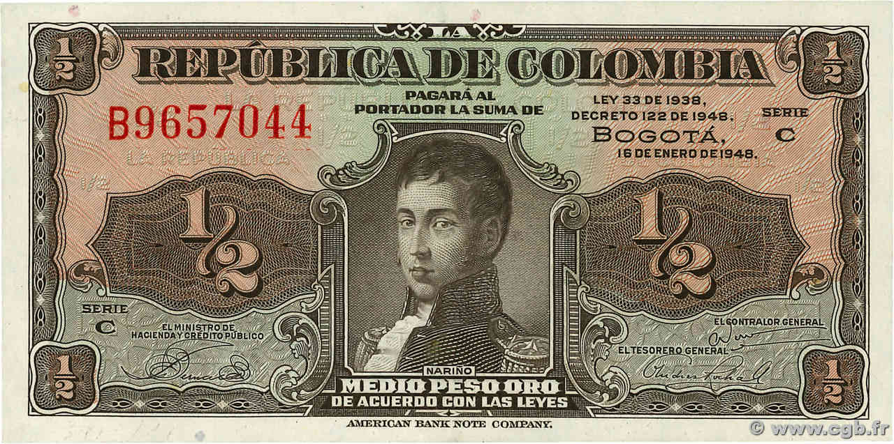 1/2 Peso Oro COLOMBIA  1948 P.345a UNC