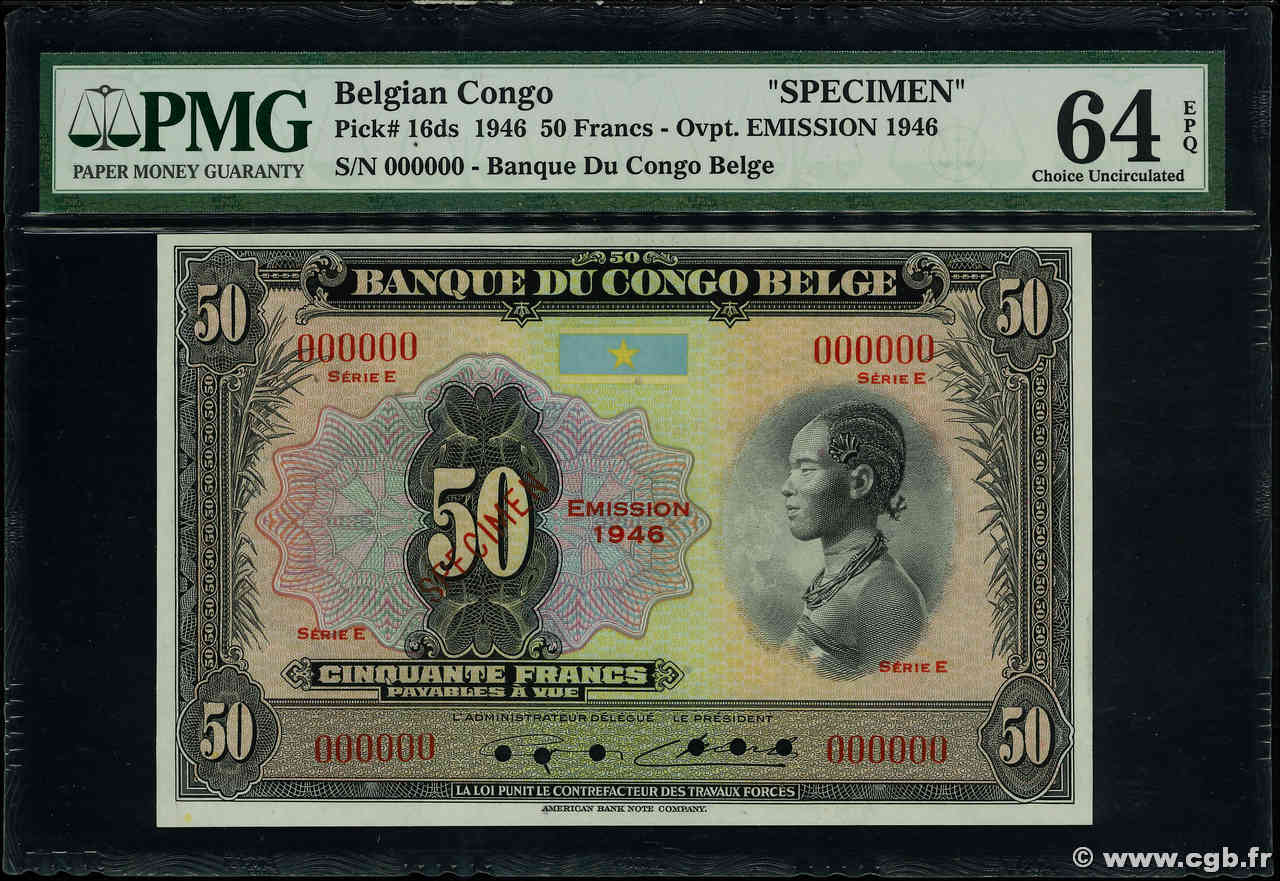 50 Francs Spécimen CONGO BELGA  1946 P.16ds q.FDC