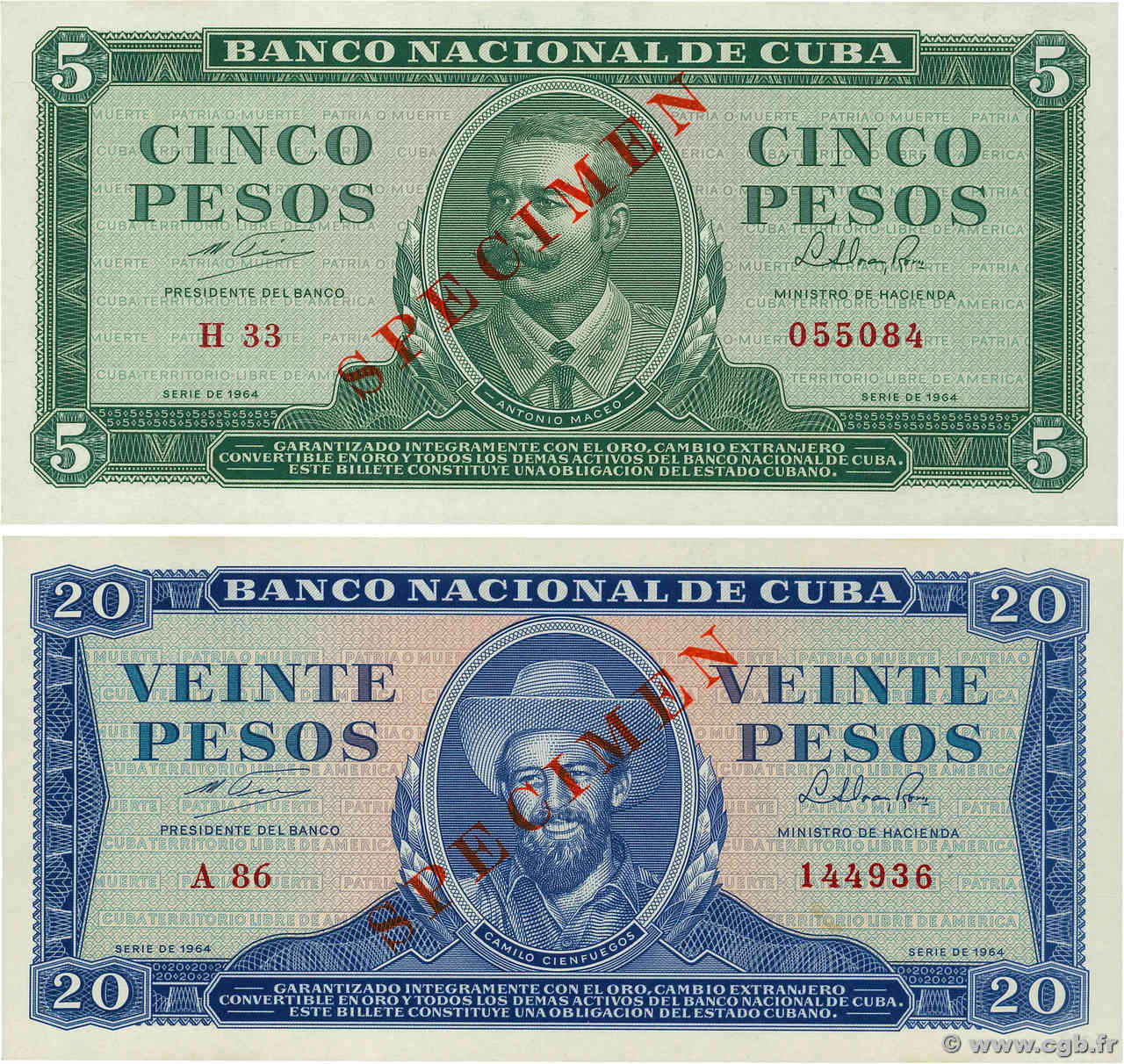 5 et 20 Pesos Spécimen CUBA  1964 P.095bs et P.097bs q.FDC