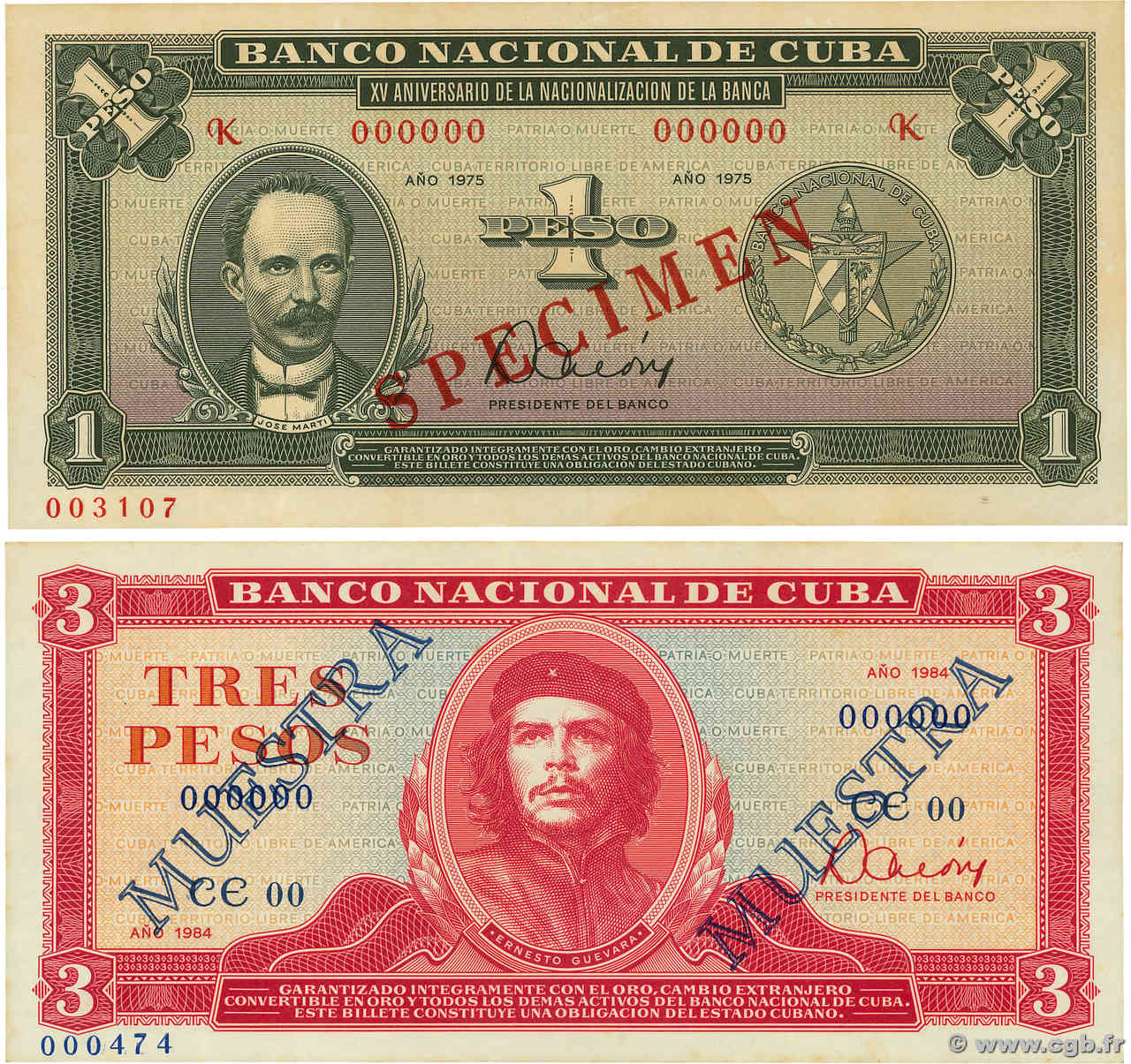 1 et 3 Pesos Spécimen CUBA  1975 P.106s et P.107s2 EBC