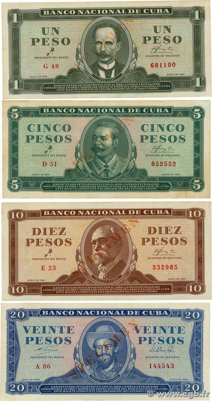 1, 5, 10 et 20 Pesos Spécimen CUBA  1961 P.CS01-02 MBC a EBC