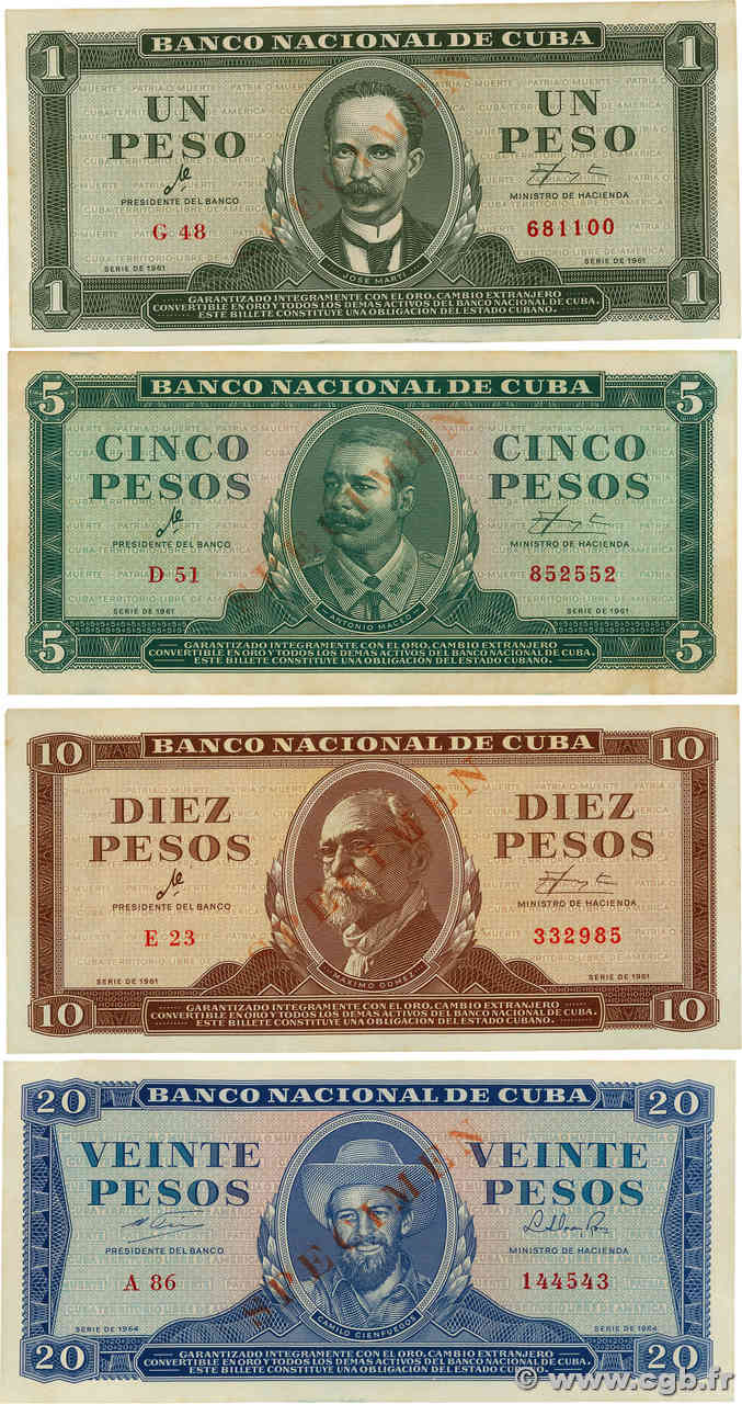 1, 5, 10 et 20 Pesos Spécimen CUBA  1961 P.CS01-02 BB to SPL